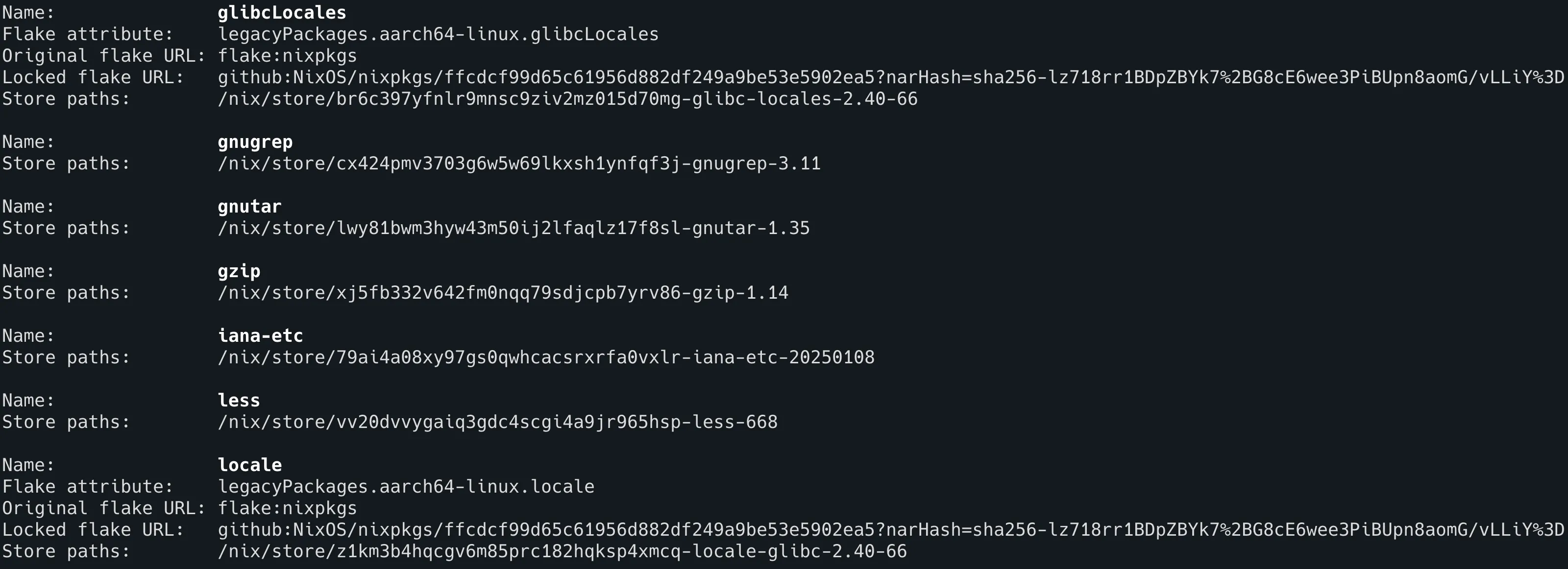 nix profile list で glibcLocales と locale がインストールされている様子