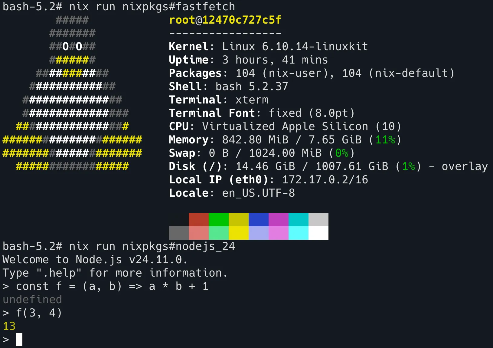 nix run で fastfetch と nodejs 24 を実行している様子