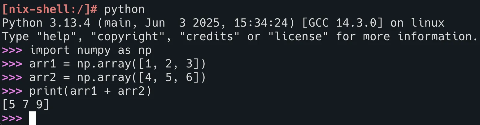 nix shell で python3.13 と numpy を利用している様子
